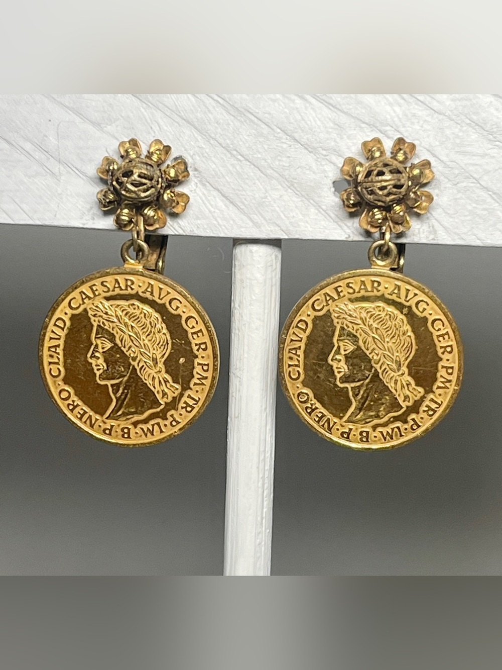 Miriam Haskell SIGNED 1960s Signed Vintage Roman Coin Screw-Clip Earrings